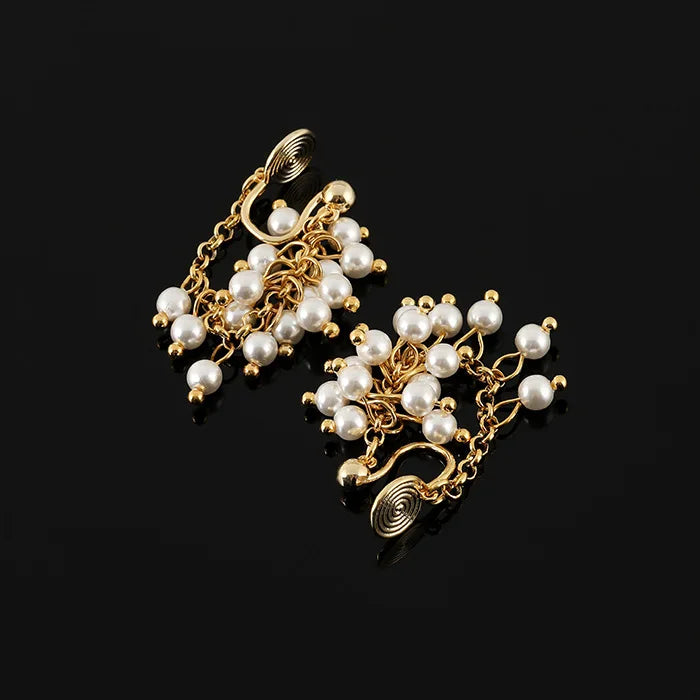 Elegant Handmade Faux Pearl Grape Cluster Tassel Gold Alloy Chain Stud & Clip On No Piercing Earrings