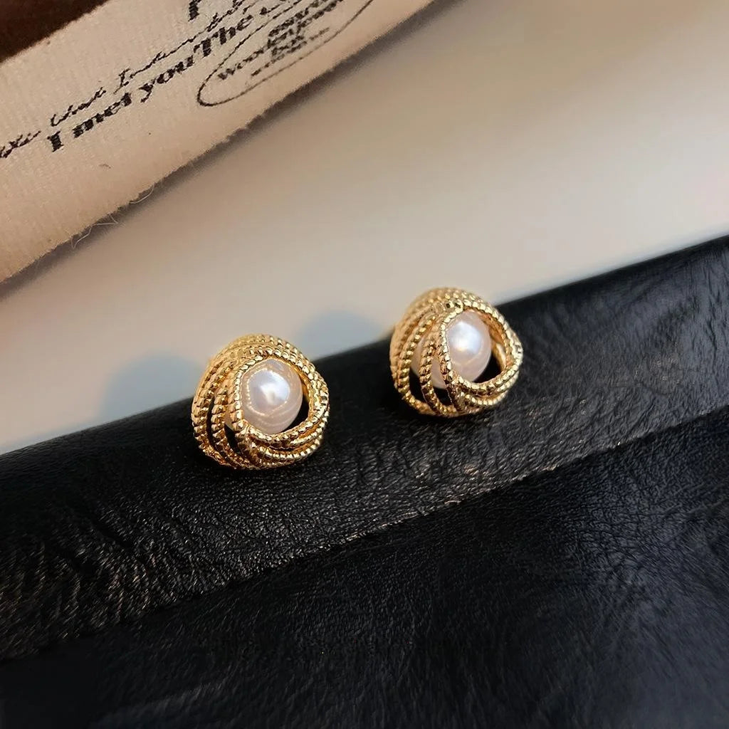 14K Plated Copper Geometric Pearl Stud Earrings For Women Minimalist Round Ring Office Jewelry