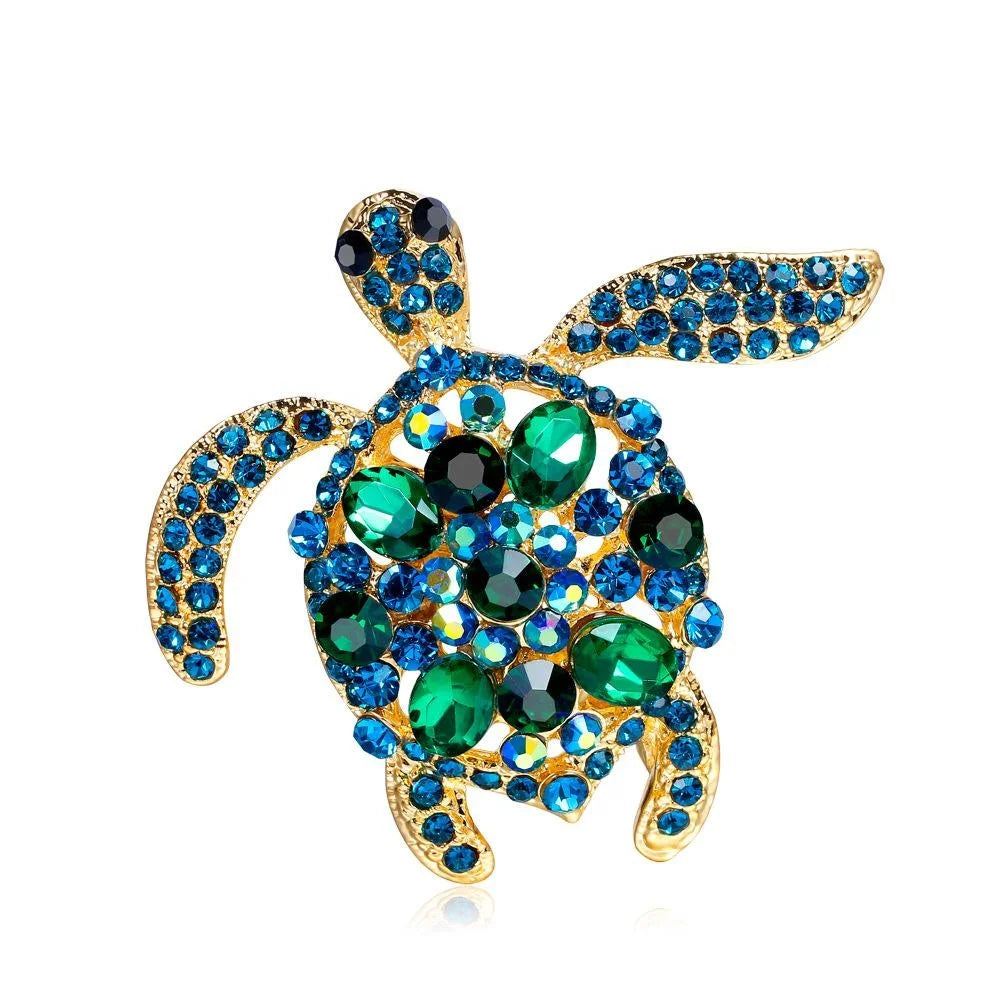 Luxury Sea Turtle Rhinestone Alloy Brooch, Blue Green Crystal Lapel Pin Corsage For Women Suit Gift