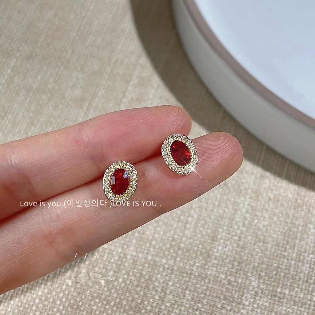 14K Gold Plated Copper Oval Red Zircon Stud Earrings Micro Pave Light Luxury Jewelry