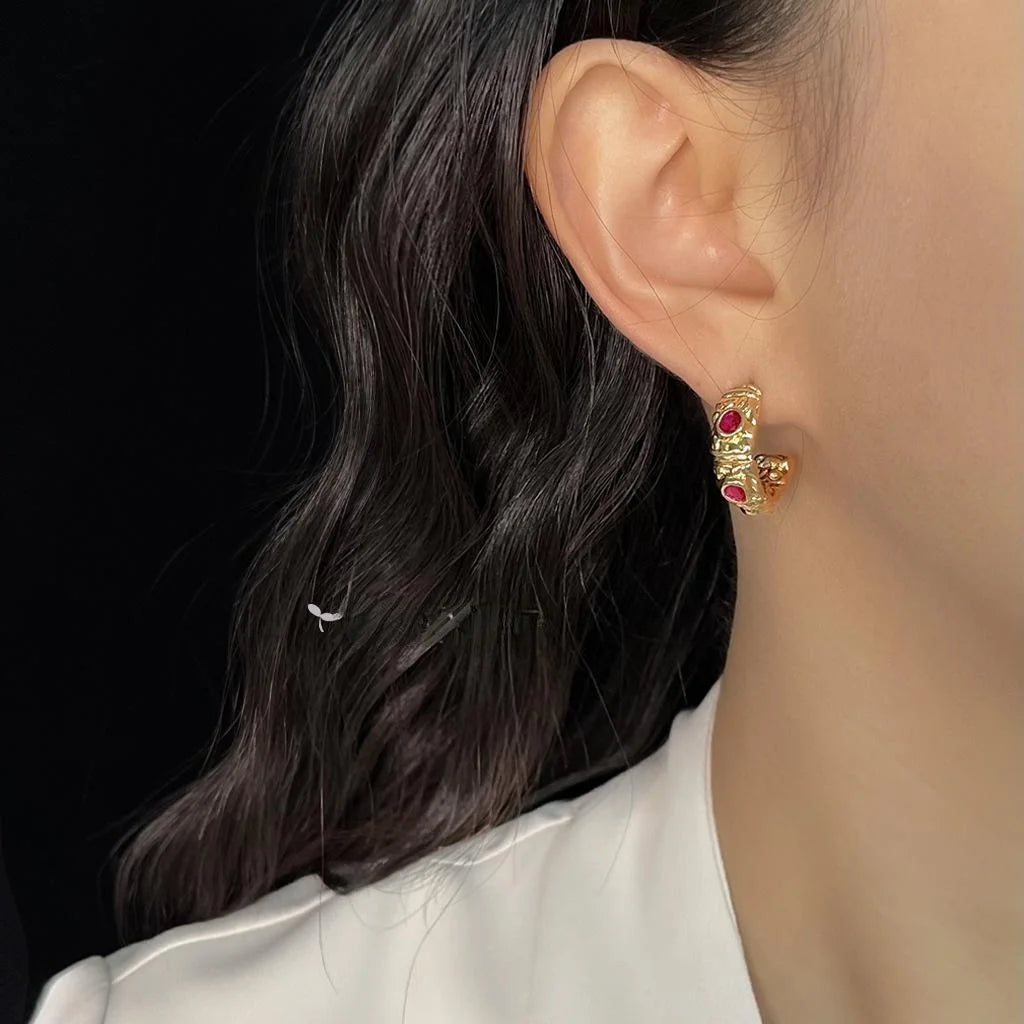 Vintage Style Copper C-Shaped Hoop Earrings French Textured Geometric Luxury Ear Jewelry