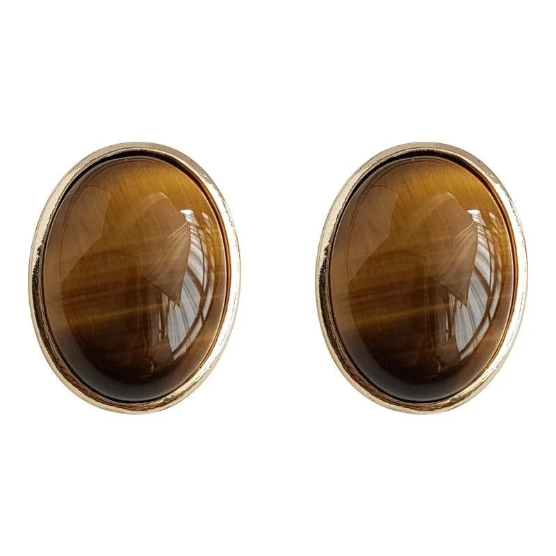Vintage Tiger Eye Oval Geometric Stud Earrings 14K Plated Copper Natural Stone Ear Jewelry