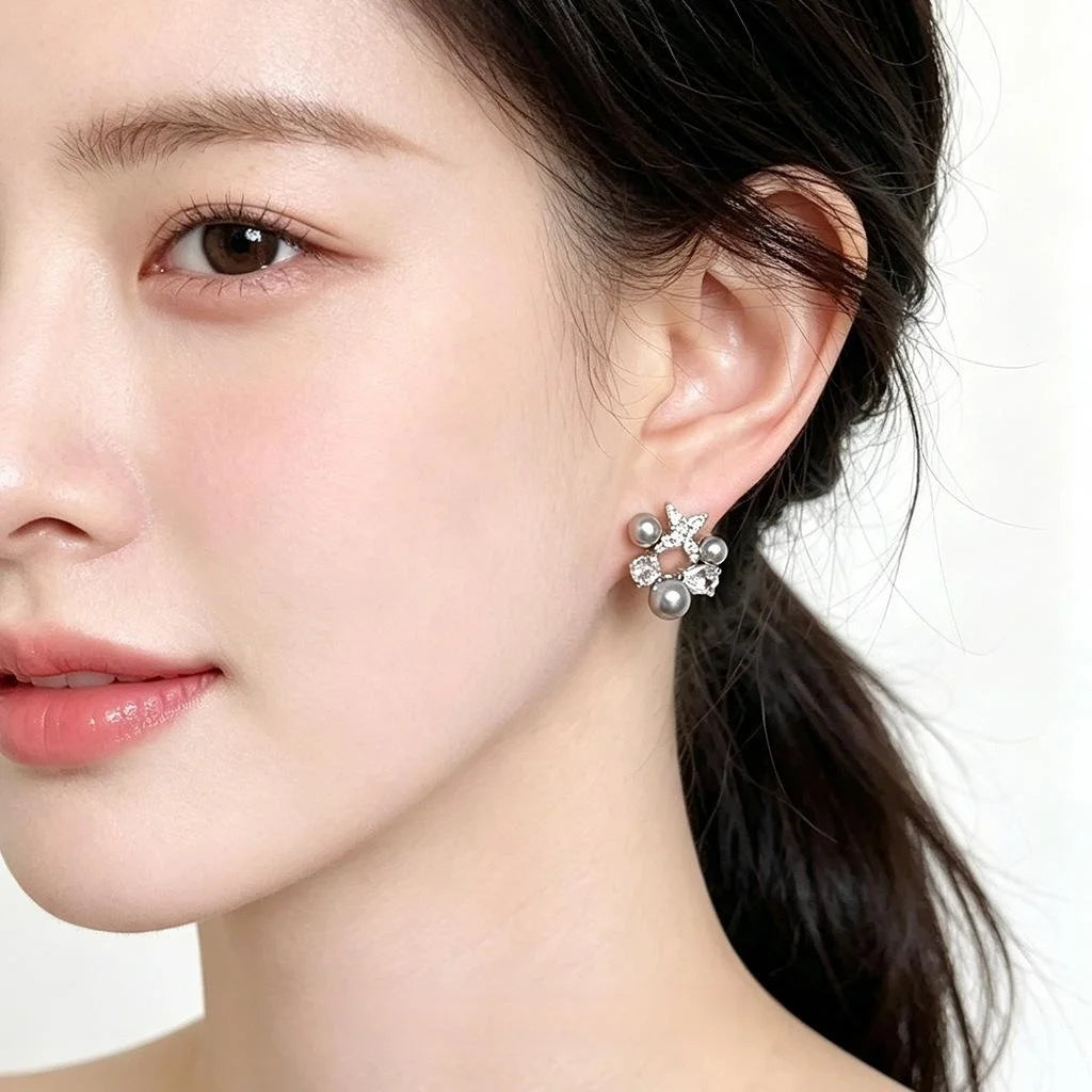 Micro Pave Zircon Six-Point Star Pearl Copper Stud Earrings Premium Minimalist Workwear