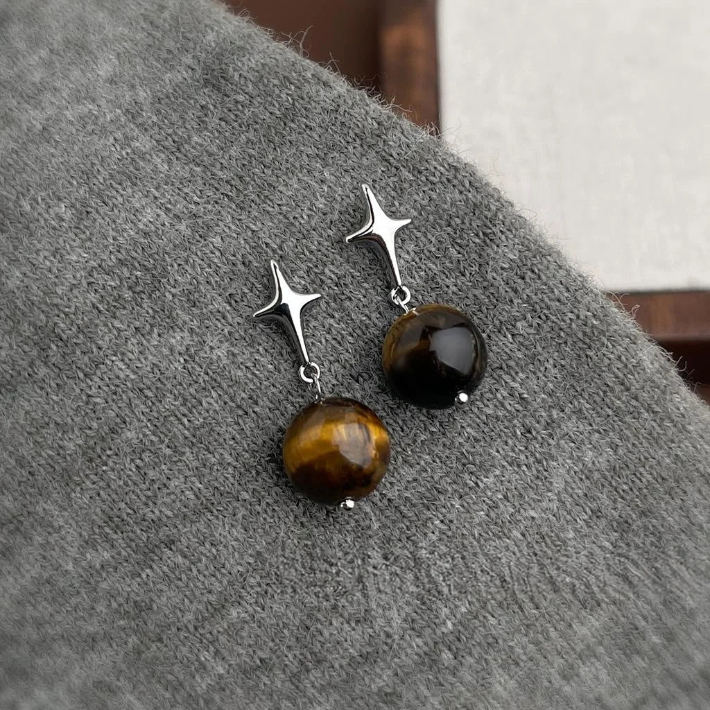 Maillard Style Natural Tiger Eye Copper Eight Point Star Tassel Drop Earrings