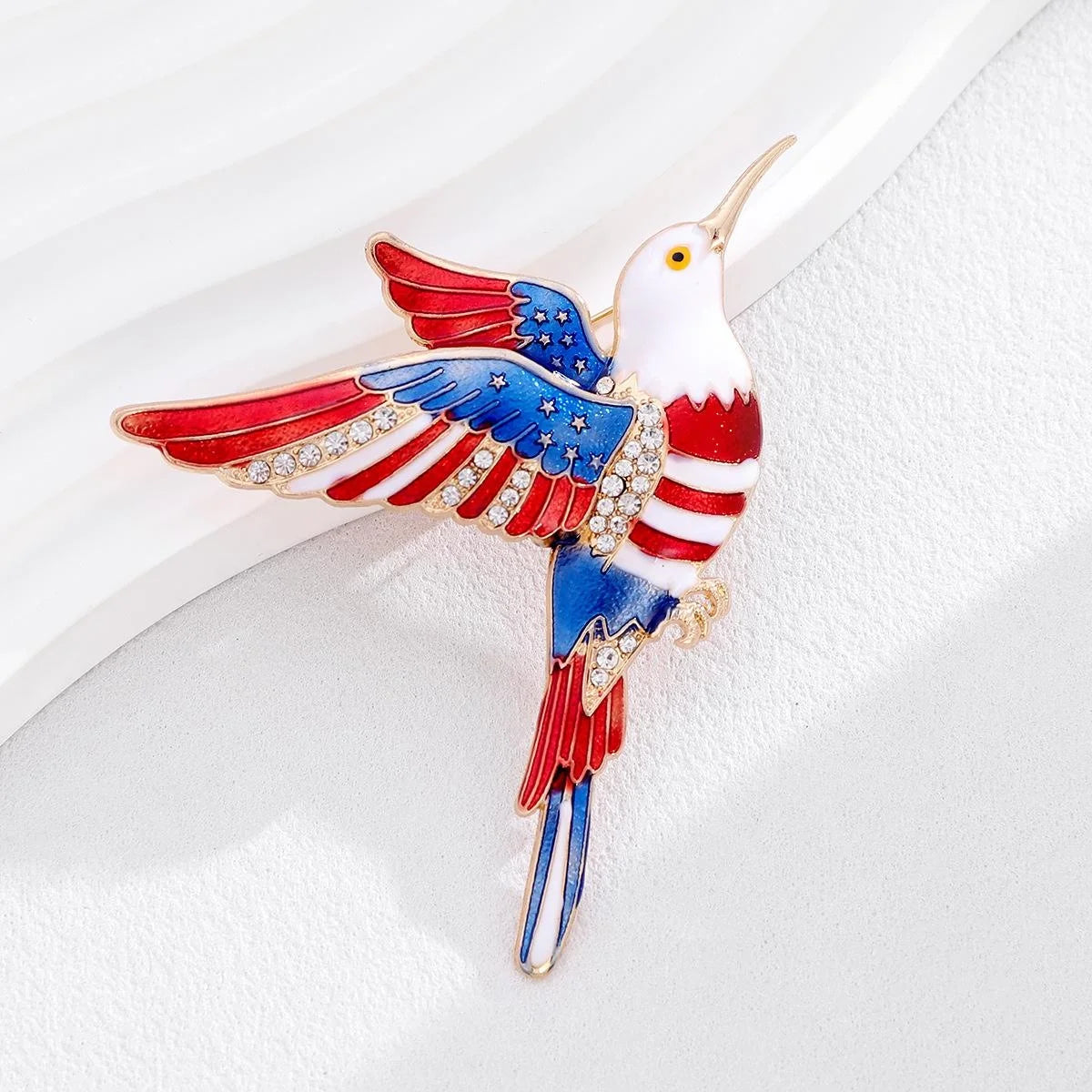 Luxury Patriotic Hummingbird Enamel Rhinestone Alloy Brooch, Independence Day Lapel Pin Suit Accessory Gift