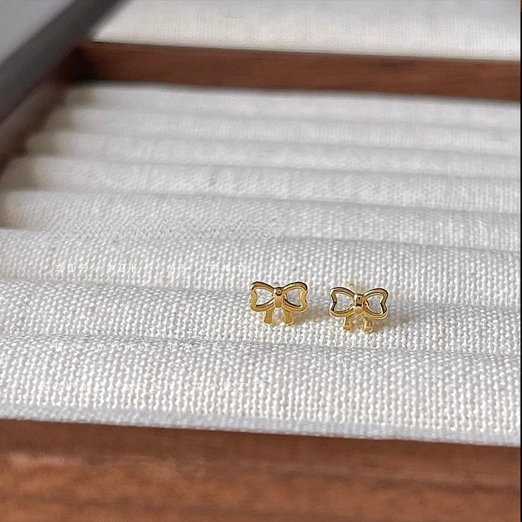 Mini 14K Plated Copper Bow Stud Earrings With Silver Plated Pins, Cute Simple Jewelry For Women