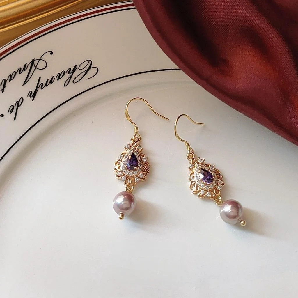 French Vintage Copper Drop Earrings With Micro Pave Zircon Teardrop Pearl And Silver Plated Pins