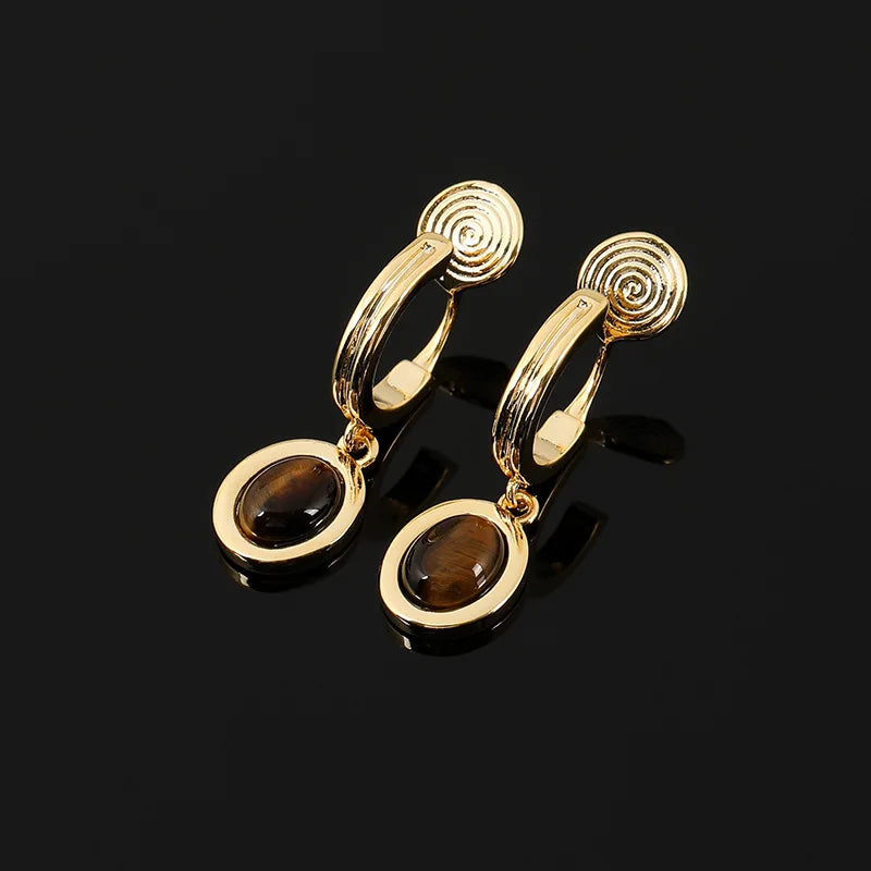 Vintage Gold Alloy Spiral Tiger Eye Oval Drop Stud & Clip On No Piercing Brown Dangle Earrings