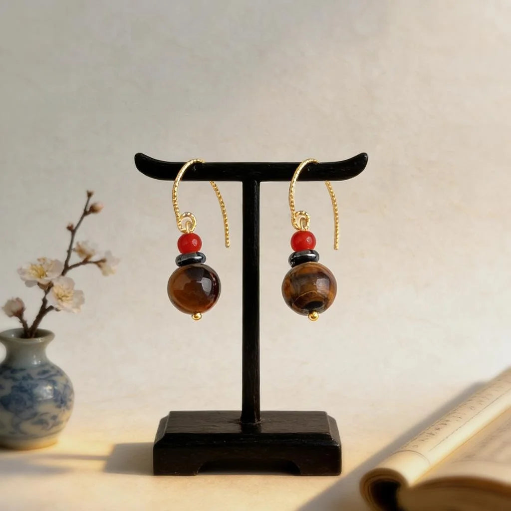 Handmade Tiger Eye Red Agate Black Stone Geometric Drop Earrings Vintage Ethnic Maillard Style