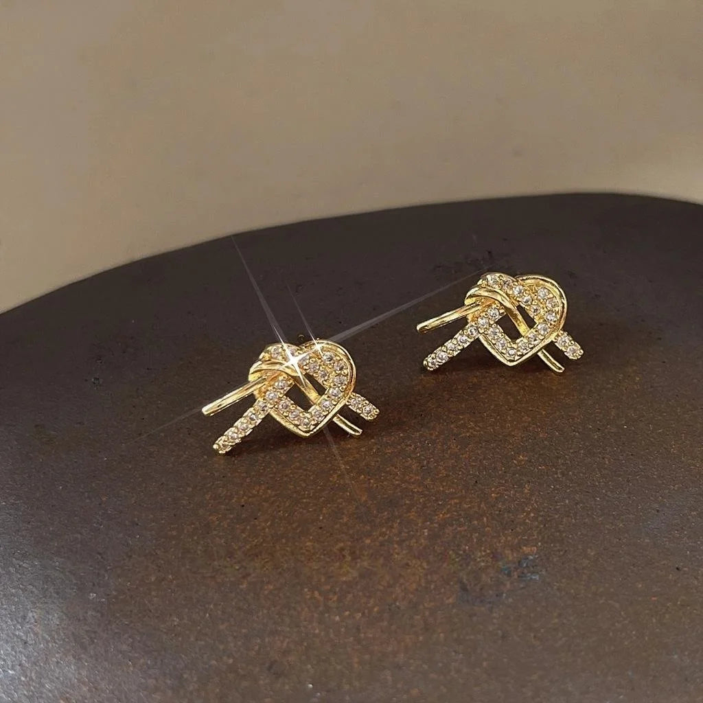 French Vintage Copper Heart Knot Stud Earrings With Micro Pave Zircon Sweet Mini Jewelry