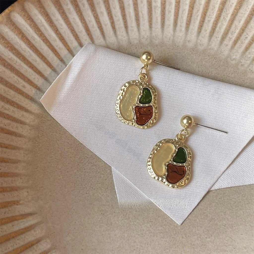 French Vintage Matte Enamel Copper Geometric Round Oval Drop Earrings For Women