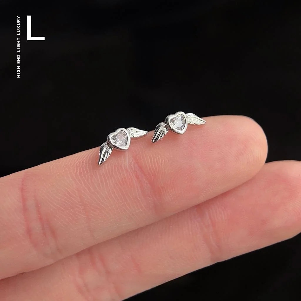 Minimalist Copper Micro Pave Zircon Heart Angel Wing Stud Earrings For Women
