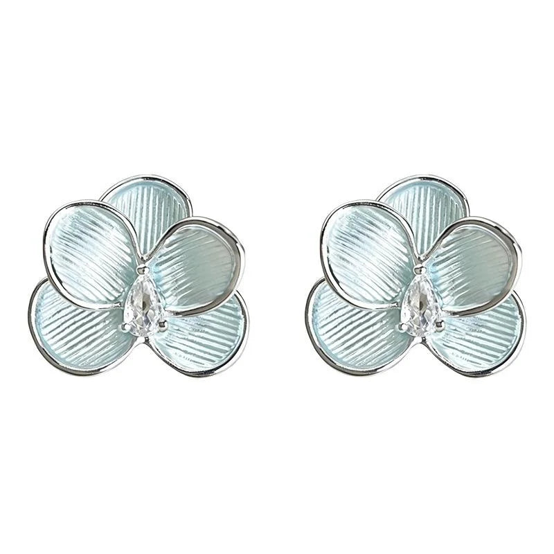 Fresh Summer Green Orchid Flower Stud Earrings Copper Zircon Hand Painted Sweet Floral Jewelry