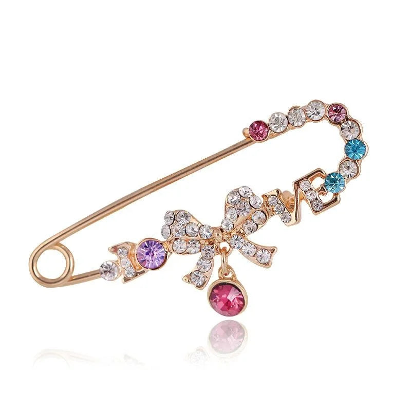 Elegant Rhinestone Bow Safety Brooch With Colorful Crystals, Women's Alloy Lapel Pin Scarf Corsage Gift