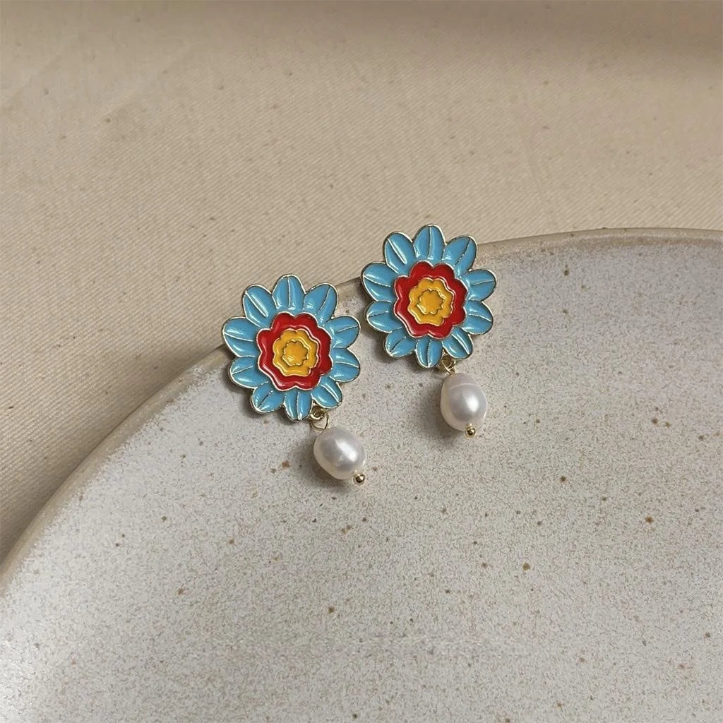 Sweet Floral Heart Fruit Enamel Copper Drop Earrings With Silver Plated Posts