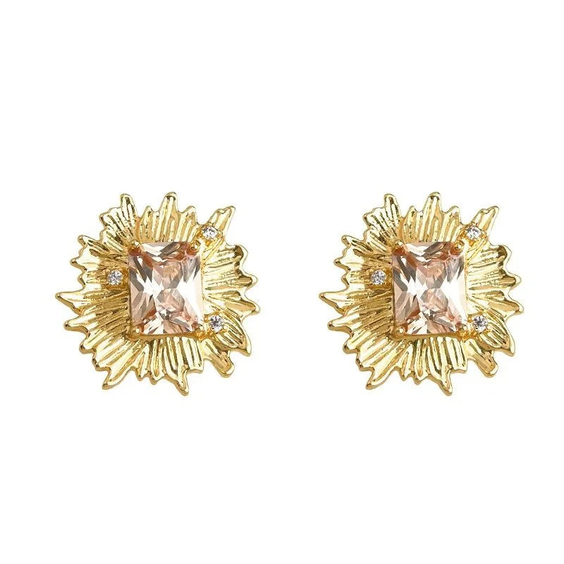14K Plated Copper Zircon Geometric Flower Stud Earrings For Elegant Office Wear