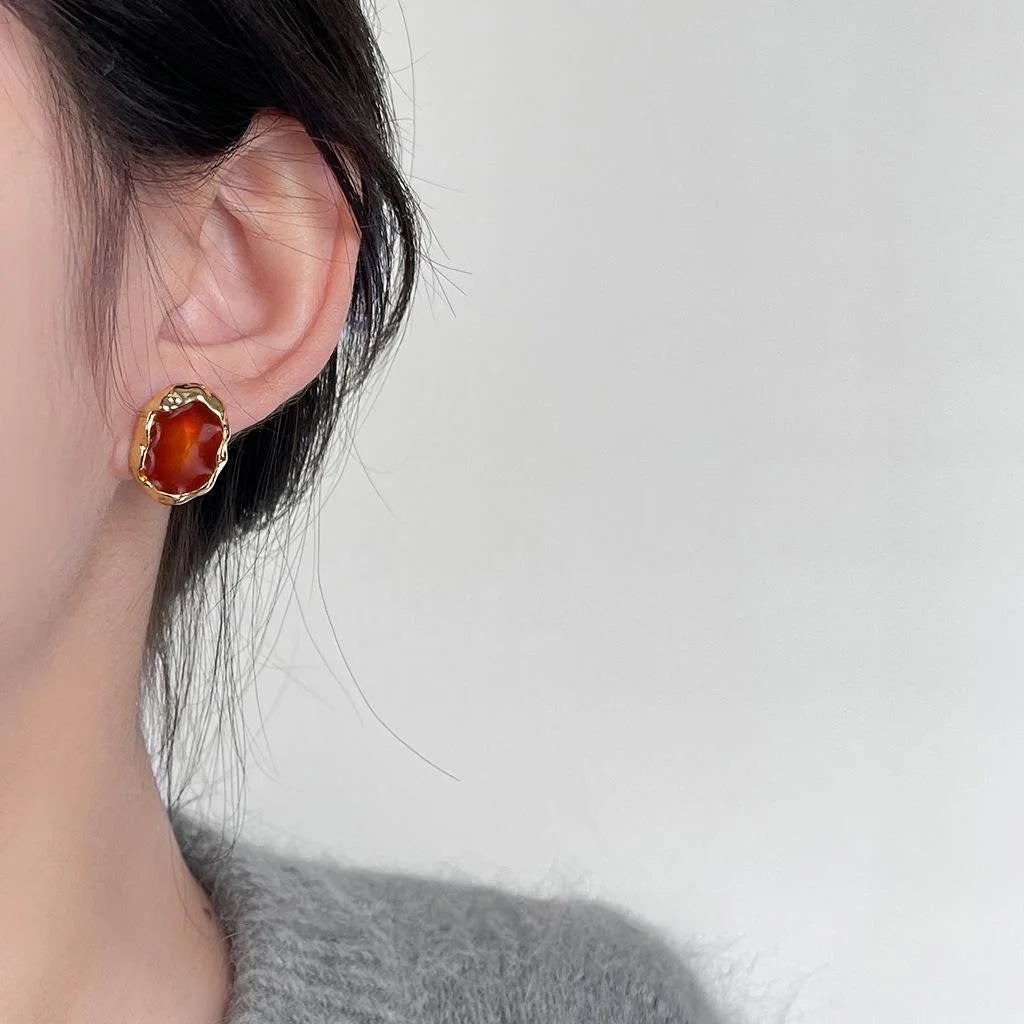 French Vintage Geometric Oval Amber Enamel Copper Stud Earrings With 14K Plated