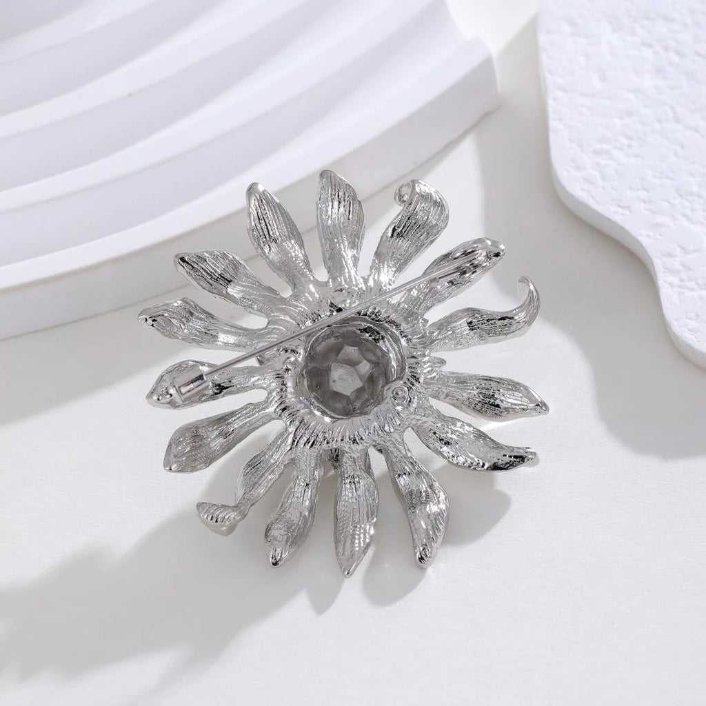 Luxury Silver Alloy Sunflower Rhinestone Brooch, Elegant Large Flower Lapel Pin Corsage Suit Accessory