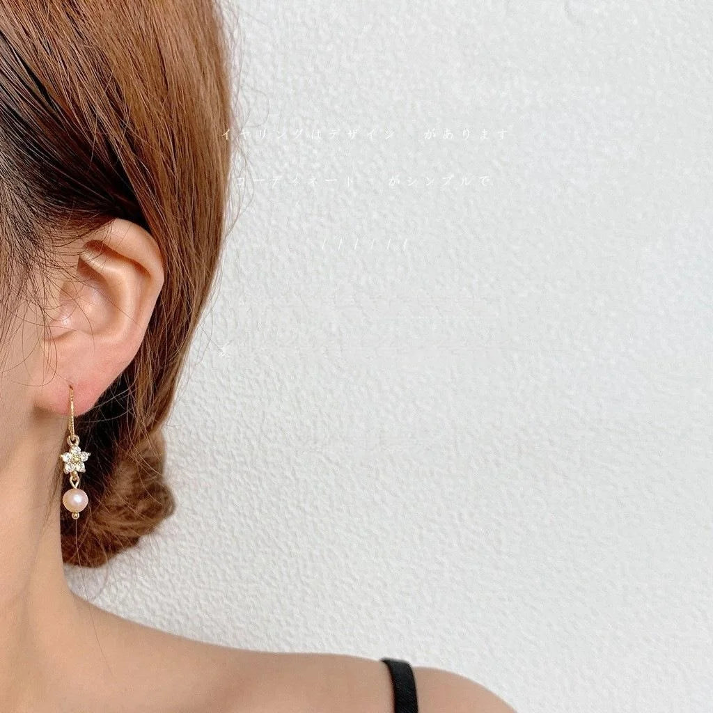 14K Gold Plated Copper Freshwater Pearl Zircon Flower Drop Earrings Elegant French Style