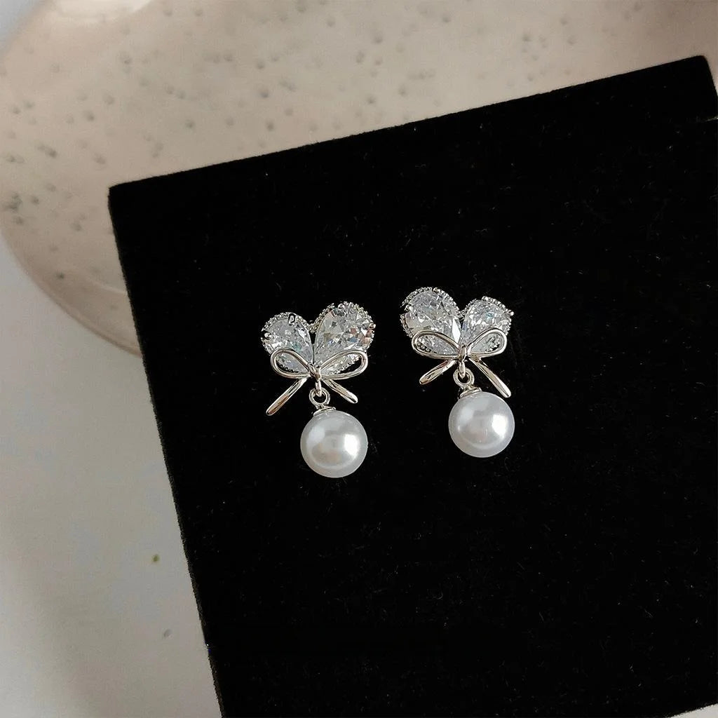 Silver Plated Copper Zircon Heart Bow Pearl Stud Earrings For Women Elegant Jewelry