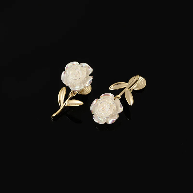 Elegant Asymmetric Mother Of Pearl Rose Flower Gold Alloy Leaf Stud & Clip On No Piercing Earrings