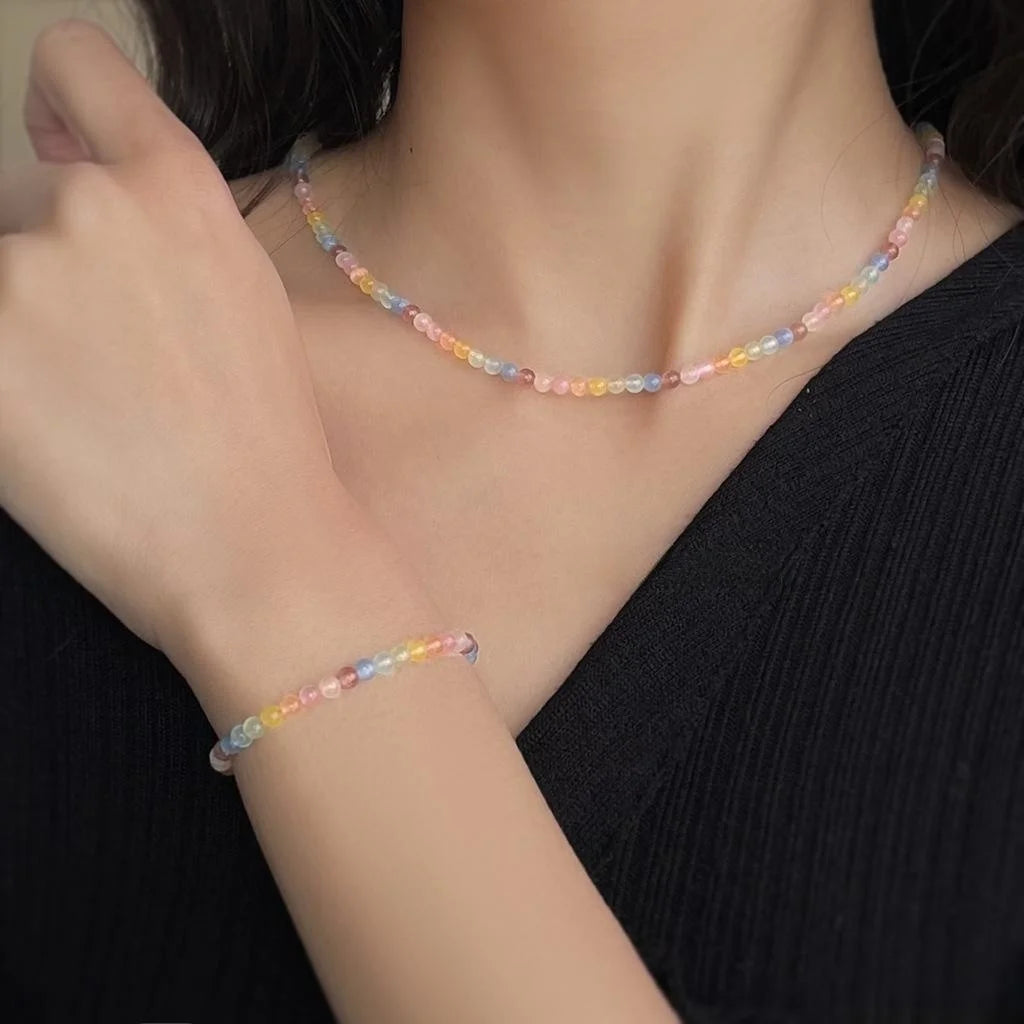 Glass Cat Eye Stone Sweet Dopamine Colorful Beaded Geometric Round Collarbone Necklace For Women