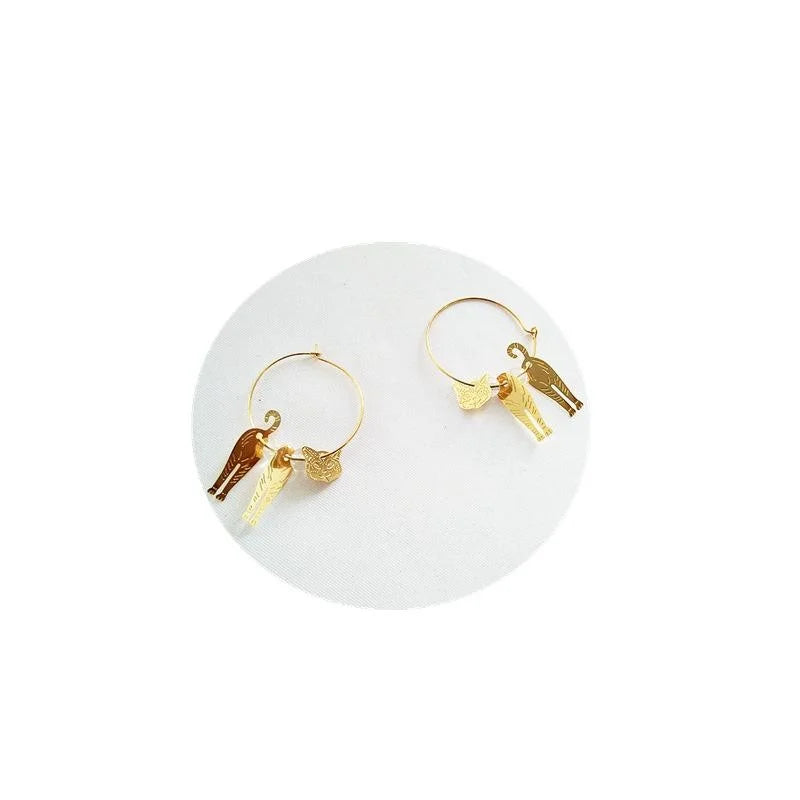 Creative 3D Movable Cat Metal Hoop Earrings, Personality Animal Dangle Jewelry