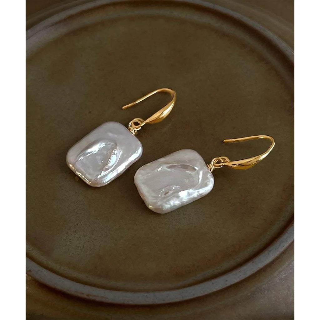 Irregular Baroque Freshwater Pearl Geometric Square Drop Earrings Light Luxury Old Money Style