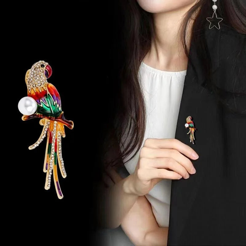 Elegant Enamel Parrot Brooch With Rhinestone And Pearl Accent, Luxury Bird Lapel Pin Suit Accessory Gift