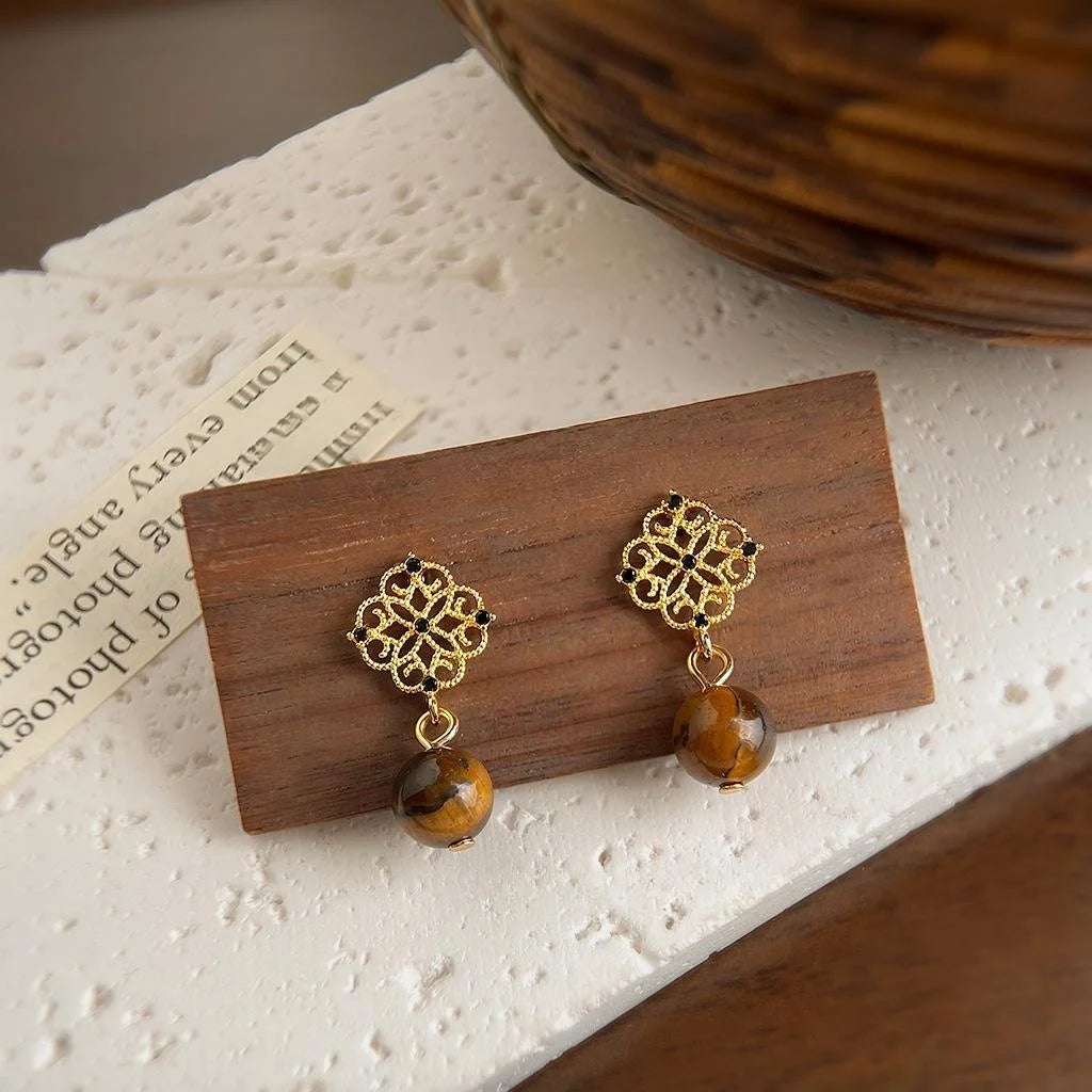 Light Luxury Natural Tiger Eye Stone Zircon Micro Pave 14K Plated Floral Geometric Drop Earrings