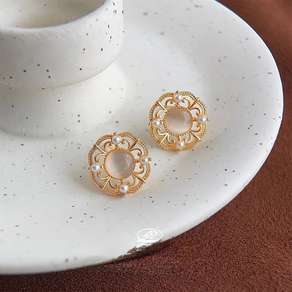 14K Gold Plated Copper Glass Cat Eye Stone Hollow Round Geometric New Chinese Drop Earrings