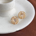 14K Gold Plated Copper Glass Cat Eye Stone Hollow Round Geometric New Chinese Drop Earrings