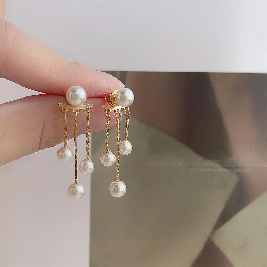 14K Plated Copper High Luster Pearl Tassel Drop Earrings Minimalist Long Geometric Style