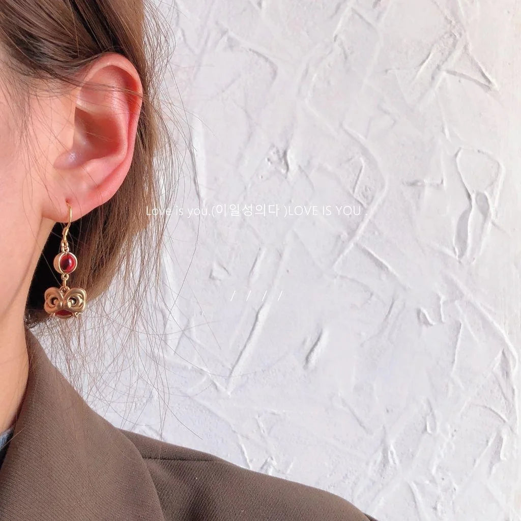 Chinese New Year Lion Dance Asymmetric 14K Plated Copper Drop Earrings