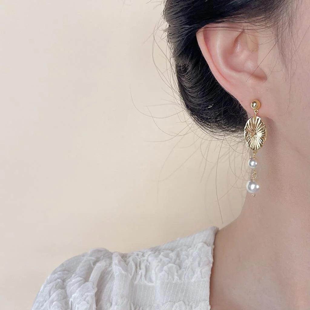 Handmade French Vintage Copper Glass Pearl Geometric Leaf Tassel Drop Earrings For Women