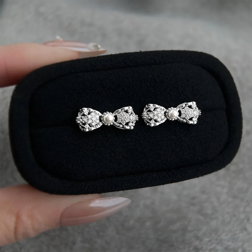 Micro Pave Zircon Copper Bow Stud Earrings Sweet Hollow 3D Minimalist Fashion Jewelry
