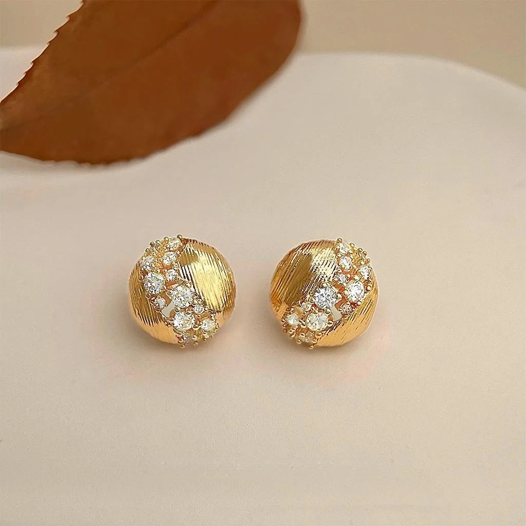 Sparkling Zircon 14K Gold Plated Hollow Geometric Round Stud Earrings Light Luxury Jewelry