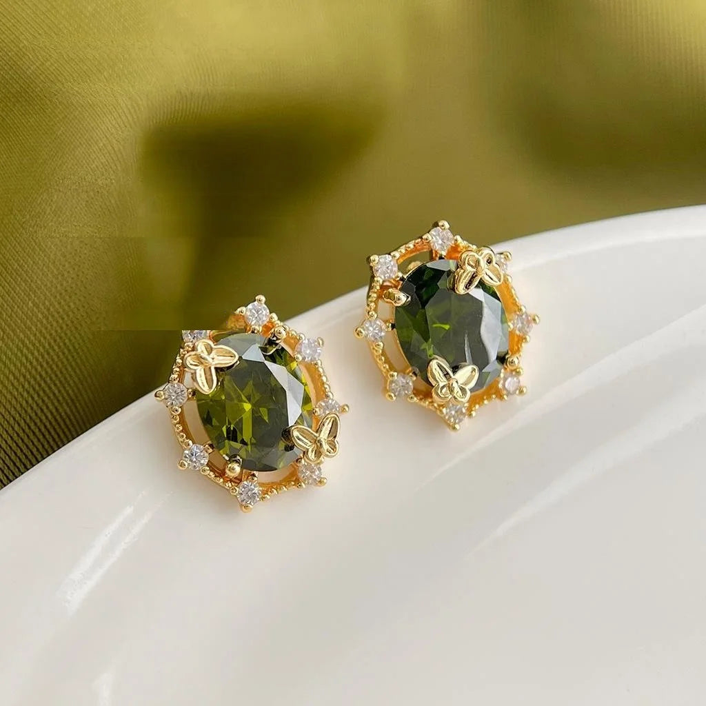 Forest Style Olive Green Zircon Butterfly Wreath 14K Plated Copper Stud Earrings