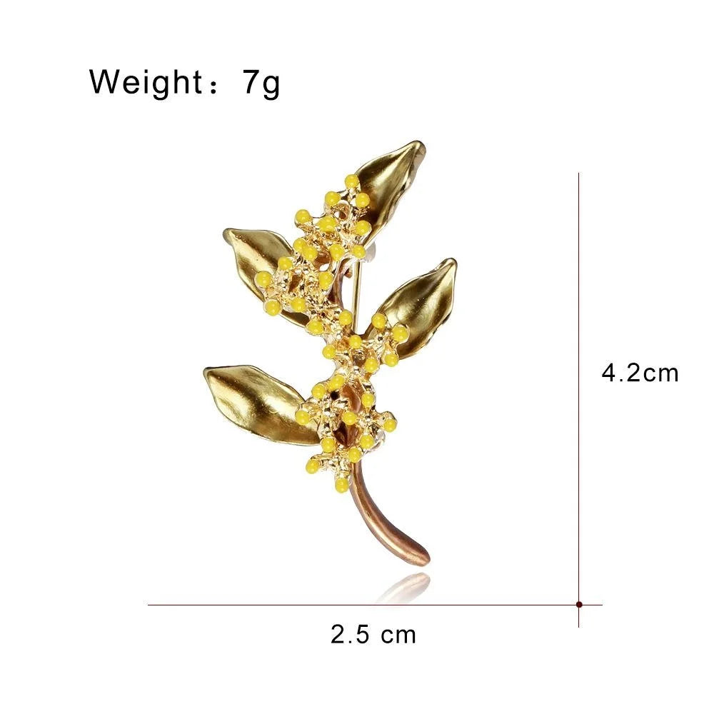 Elegant Osmanthus Flower Enamel Brooch With Gold Alloy Leaves, Women's Lapel Pin Corsage Suit Accessory