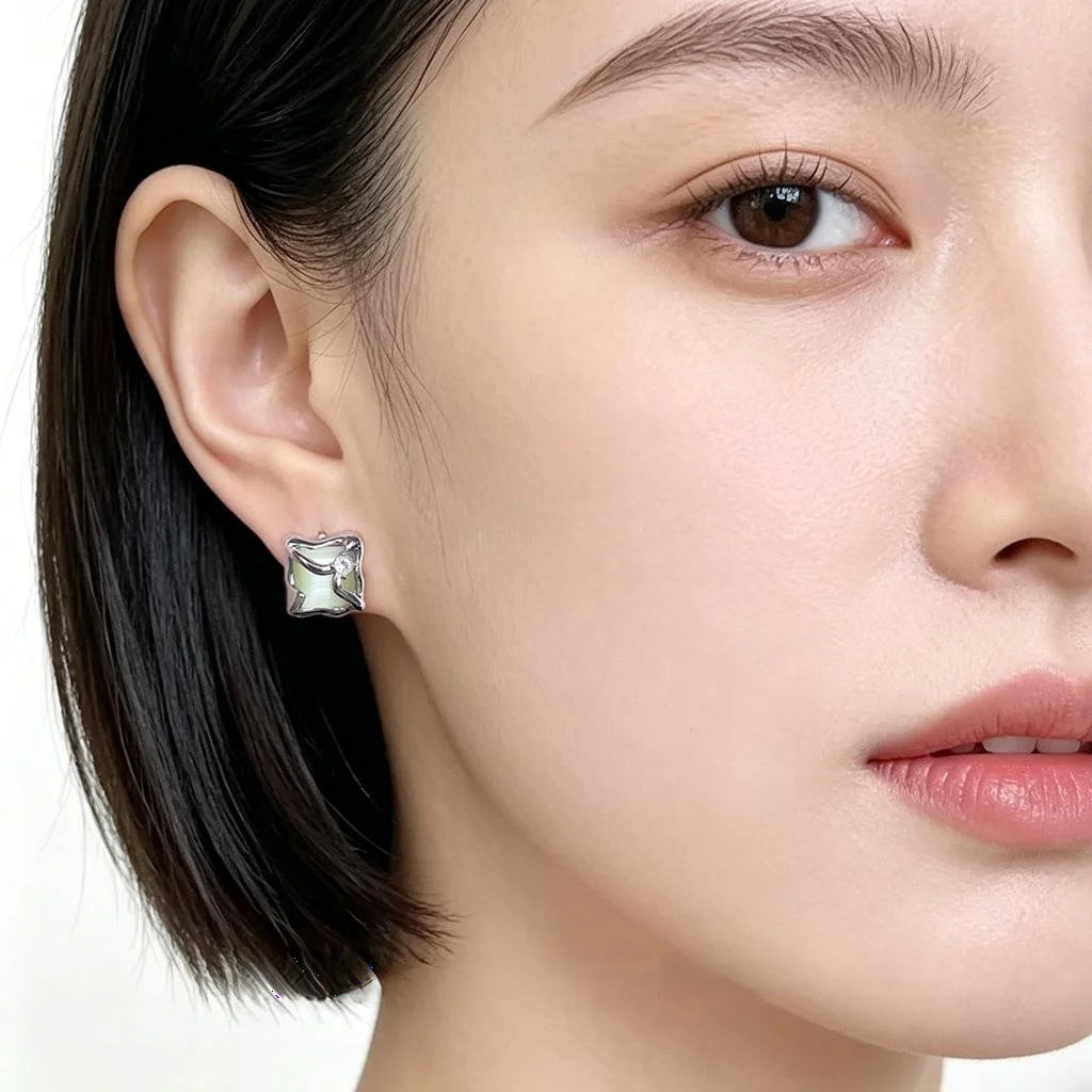 Minimalist Copper Glass Cat Eye Stone Square Stud Earrings With Pave Zircon
