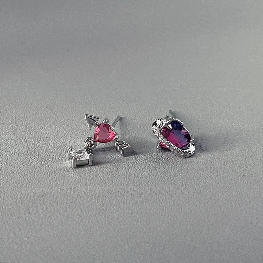 Sweet Cool Copper Micro Pave Zircon Arrow Heart Asymmetric Stud Earrings Iridescent Pink Trendy Jewelry