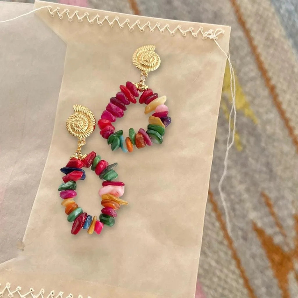 Handmade Colorful Shell 14K Gold Plated Geometric Hoop Drop Earrings Sweet Vacation Style