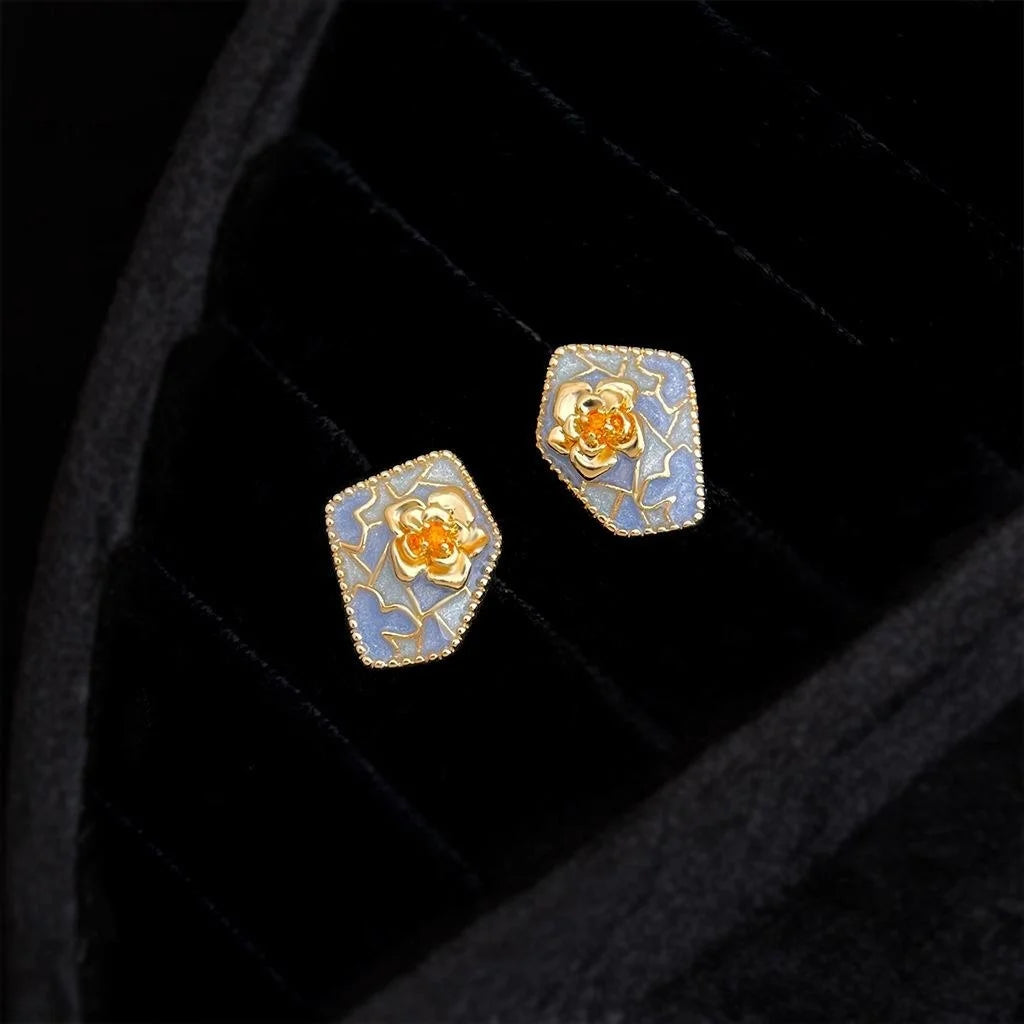 Original Flower Stud Earrings Eco Copper Haze Blue Court Style Designer Jewelry