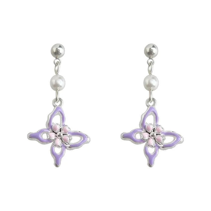 Sweet Enamel Butterfly Drop Earrings With Pearl Copper Handmade Elegant Forest Style Jewelry