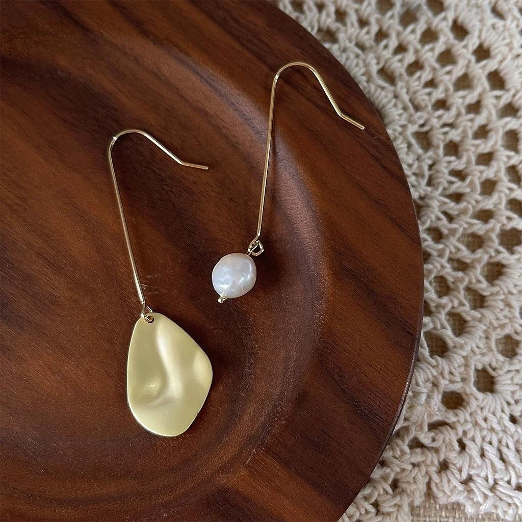 14K Gold Plated Asymmetric Baroque Freshwater Pearl Teardrop Drop Earrings