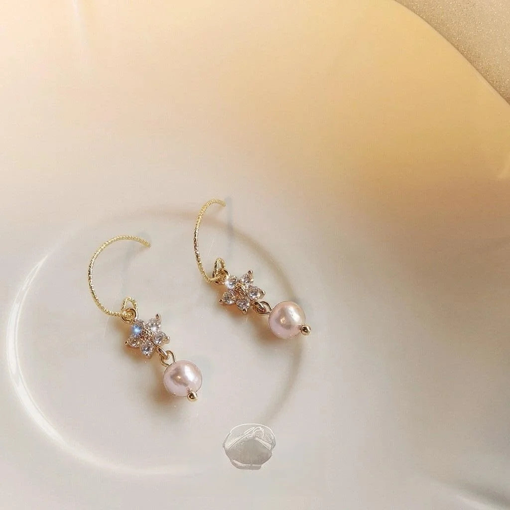 14K Gold Plated Copper Freshwater Pearl Zircon Flower Drop Earrings Elegant French Style