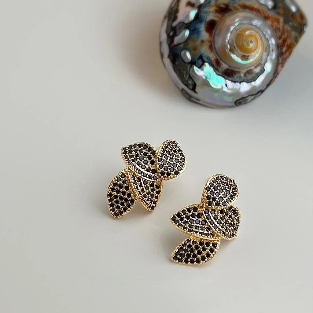14K Gold Plated Copper Leaf Stud Earrings, Micro Pave Zircon Light Luxury Jewelry