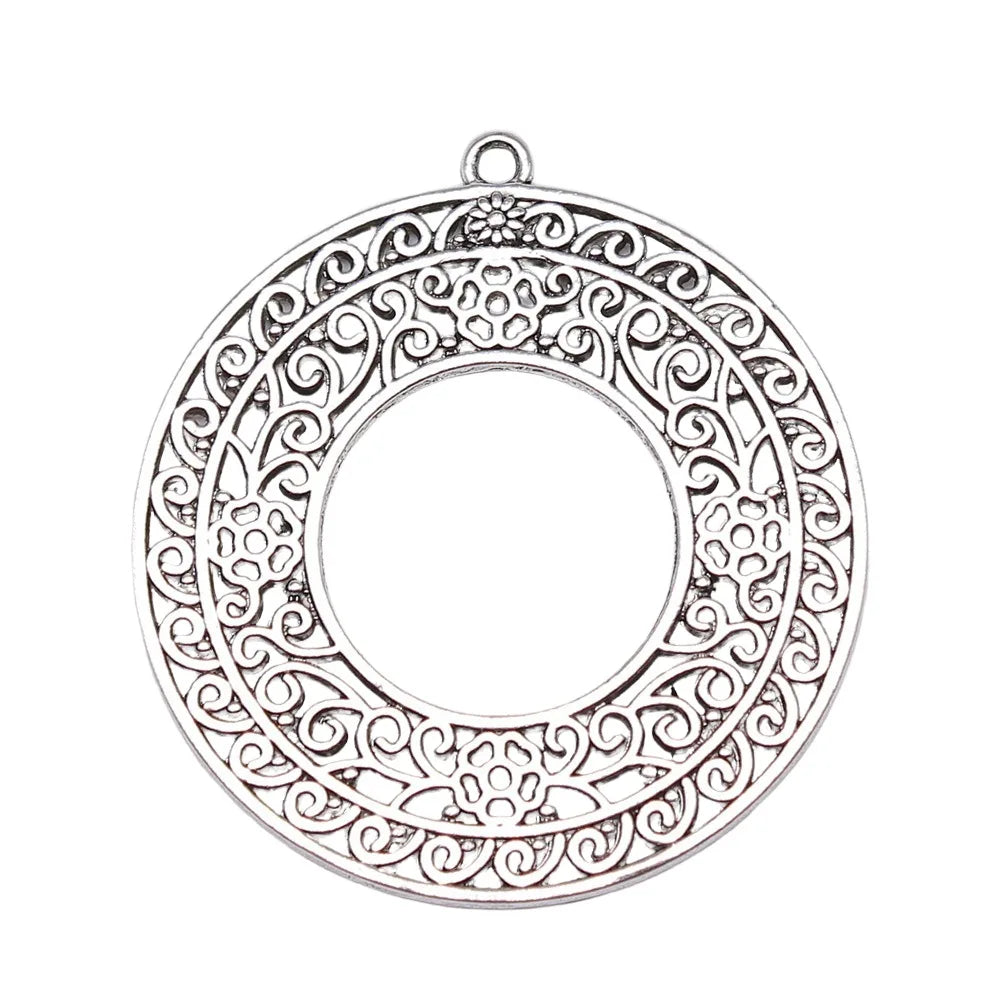 48x45mm 9.6g Antique Silver Zinc Alloy Openwork Floral Round Ring Hollow Pendant for DIY Jewelry Making
