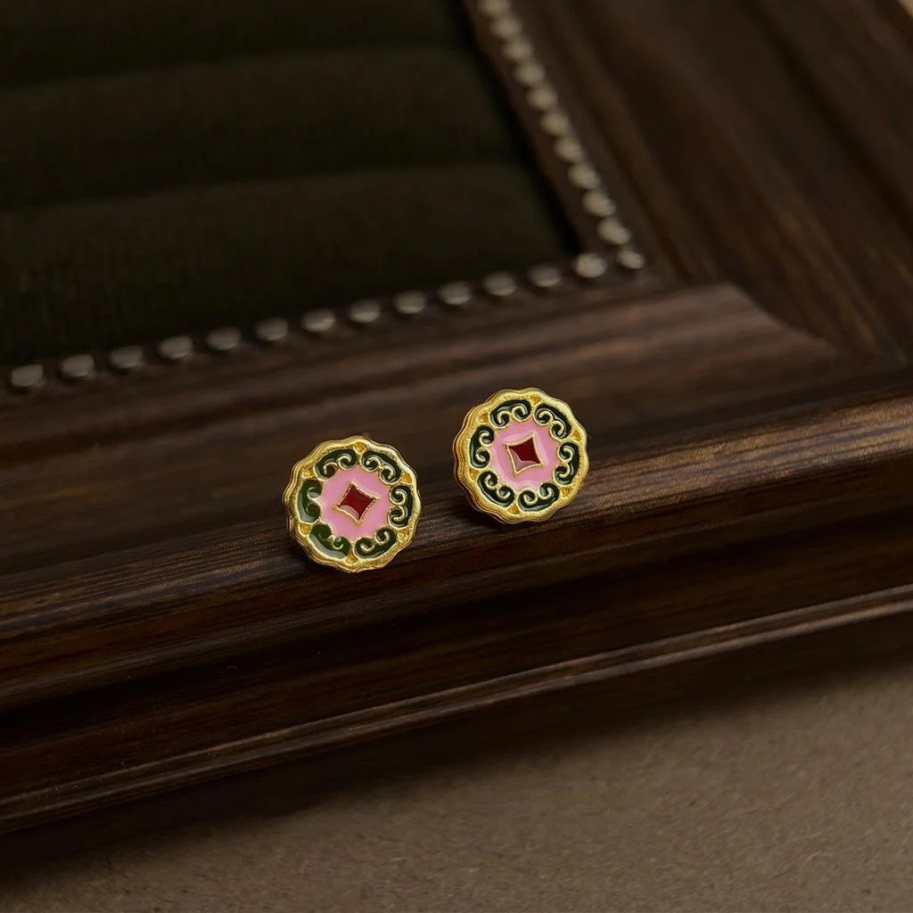Vintage Copper Enamel Stud Earrings With Painted Geometric Floral Auspicious Cloud Design