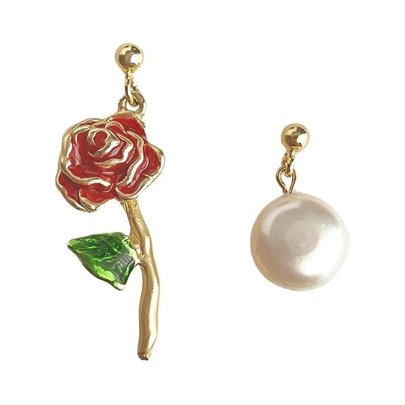 French Vintage Asymmetric Rose Geometric Baroque Freshwater Pearl Drop Earrings
